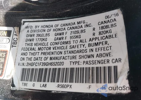 2016 Honda Civic Ex-T из США, поврежденный, VIN 2HGFC1F39GH652020